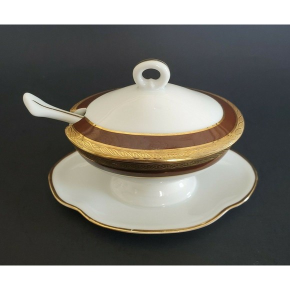 Richard Ginori Palmero Brown China Mustard Pot Tureen with Underplate & Spoon - Picture 3 of 12